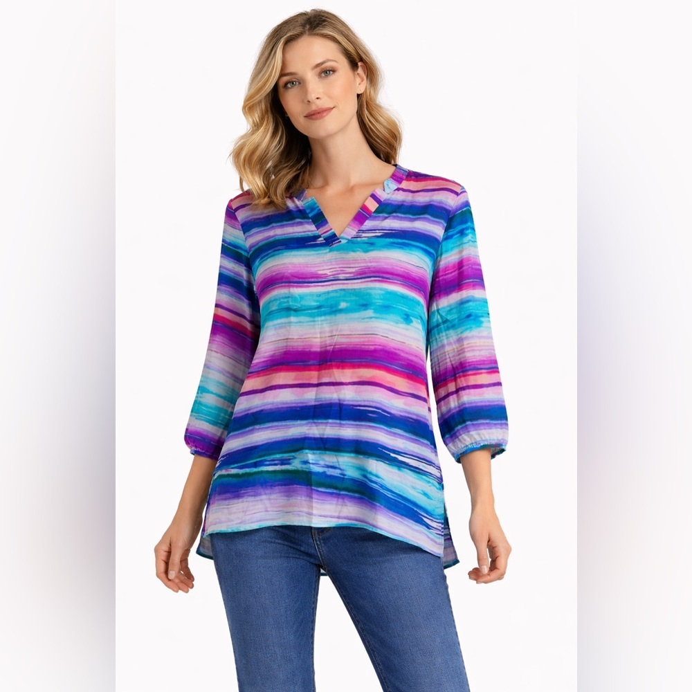 Amanda Uprichard 100% Silk Watercolor Striped Blouse Large V-Neck Coastal Pastel